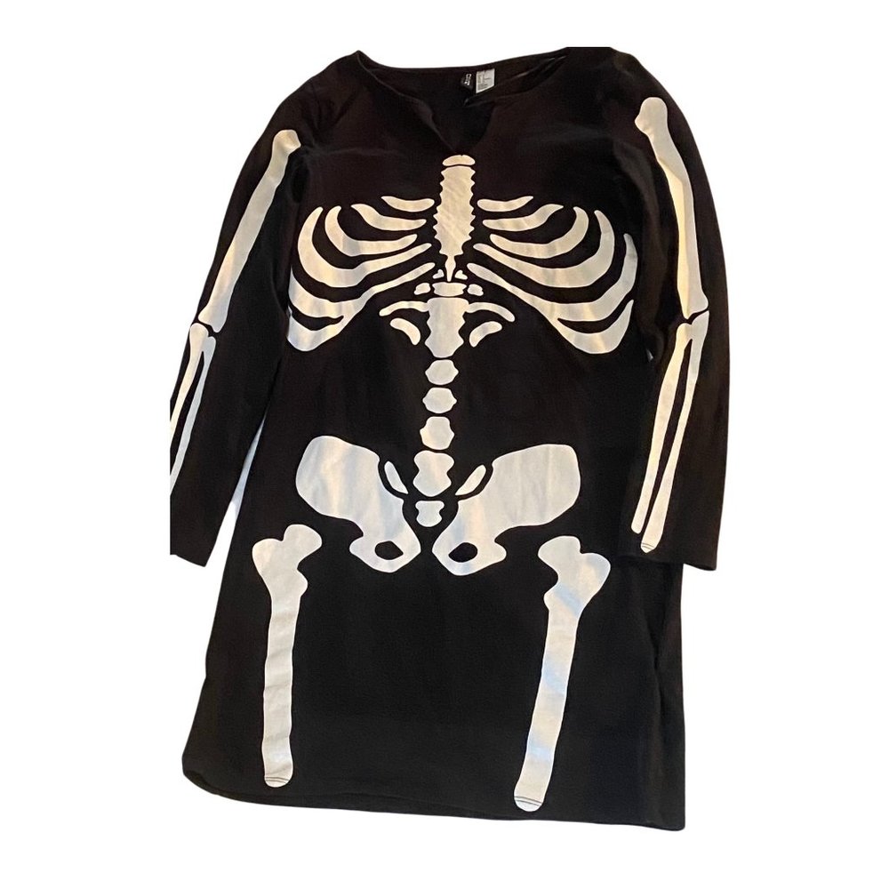 Long Sleeve Skeleton Dress Ladies Sz 14 Body Con, Black w/White Design Pre-owned
